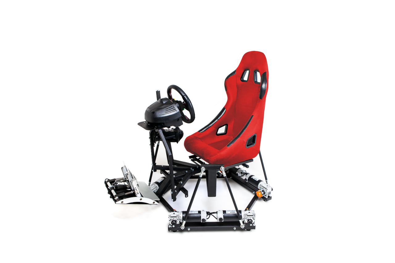 A sim-racing cockpit with a wheel, pedals, and a racing seat, built at XPress Elite PC in San Antonio